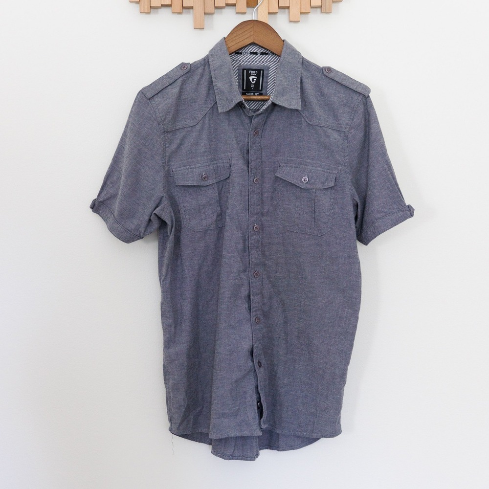 Fried Denim Mens Slim Fit Short Sleeve Button Up Shirt Blue Grey Chambray Large